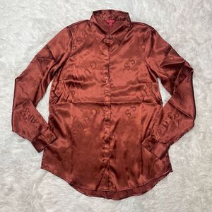 Guess Satin Logo Bronze Brown Blouse Long Sleeve Button Up Size XS Classic Elega